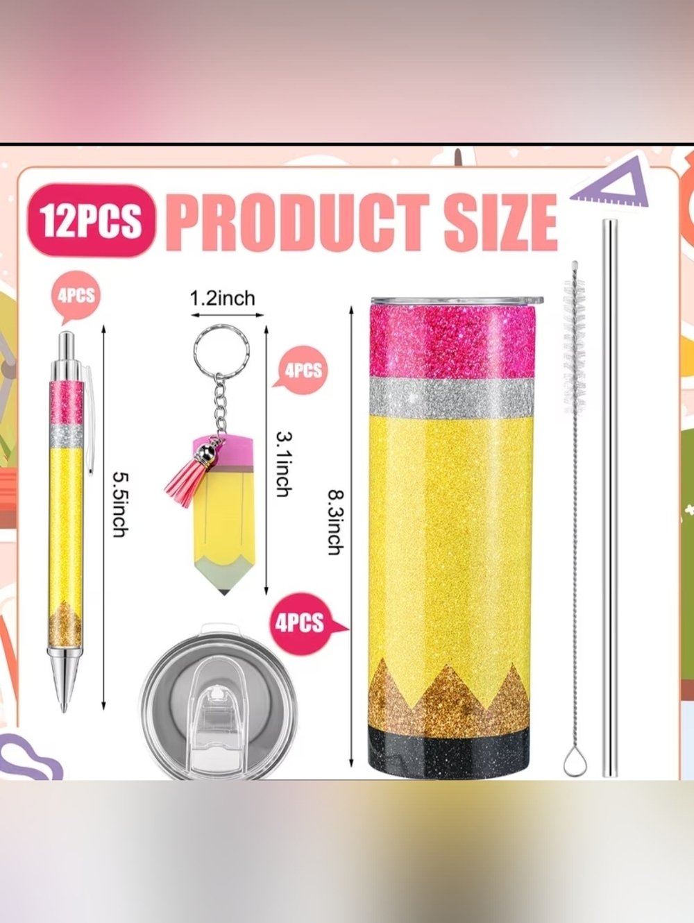 Glitter Pencil-Tumbler Set in Yellow and Pink - Home Office